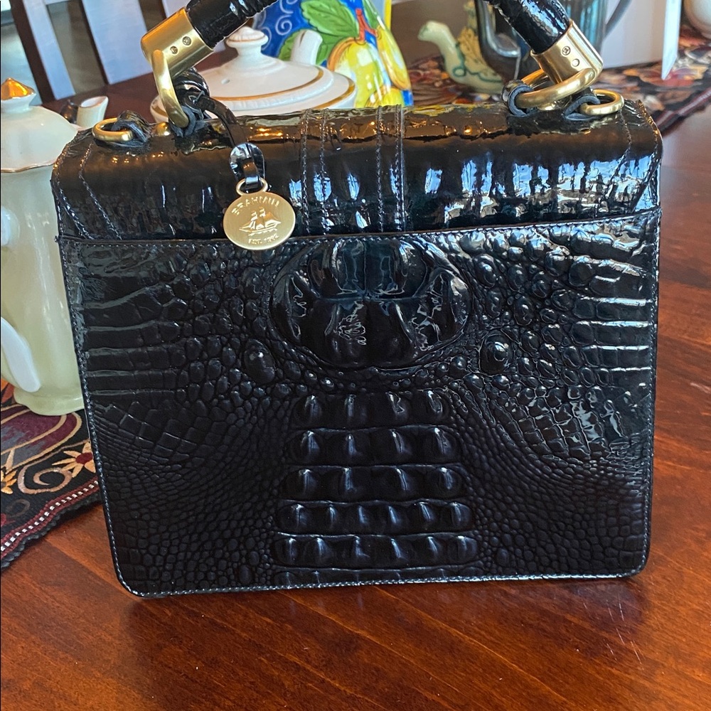 Brahmin Black Patent Croc-Embossed Top-Handle Satchel with Gold Hardware - Picture 4 of 4